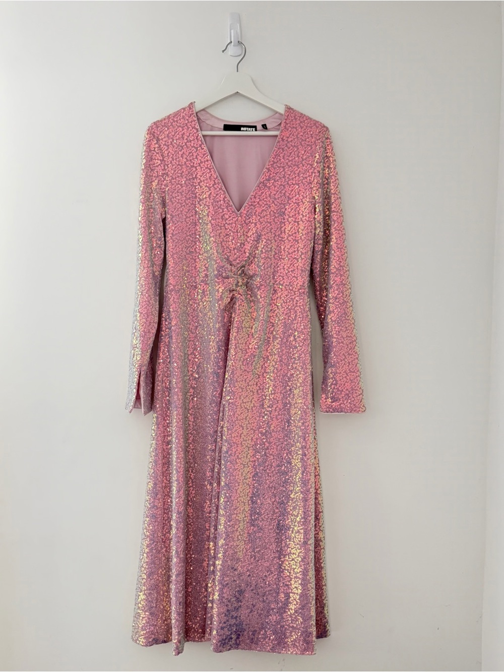 Sequin V-Neck Long-Sleeve Maxi Dress in Pink